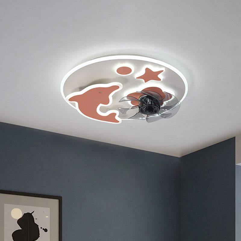 Luz del ventilador de delfín de 7 cuchillas y techo estrella de la lámpara Semi Flush LED de LED de color rosa/azul, de 19.5 pulgadas de ancho