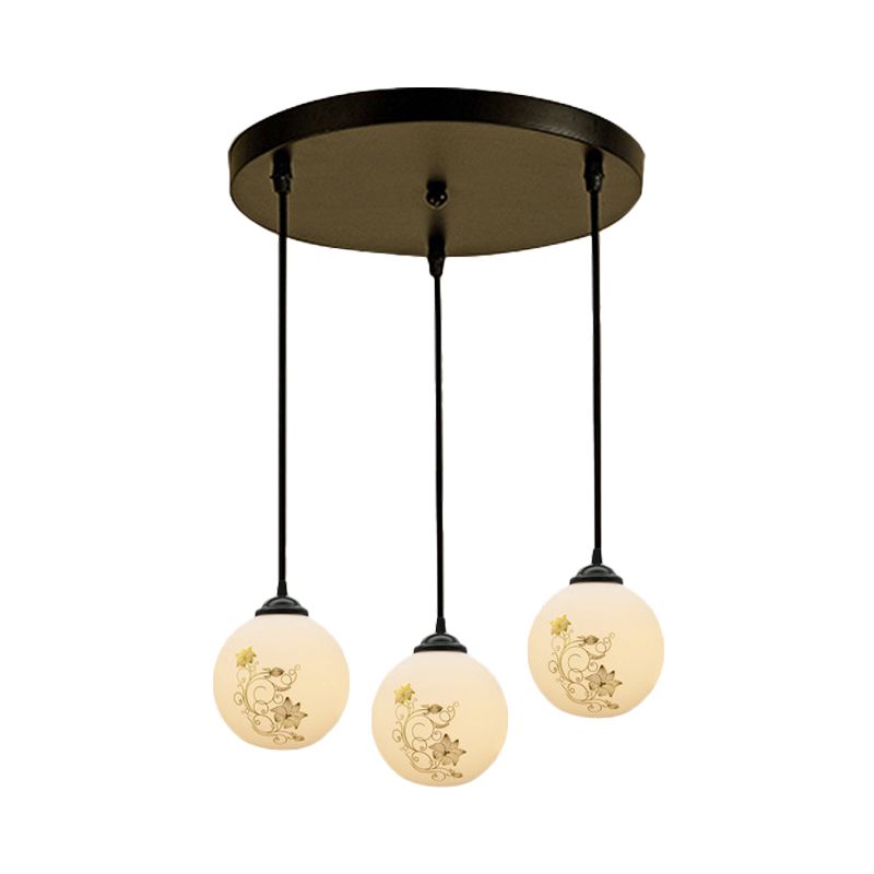 Black Sphere Multi Ceiling Lamp Modernism White Printing Glass 3-Light Dining Room Pendant with Round/Linear Canopy
