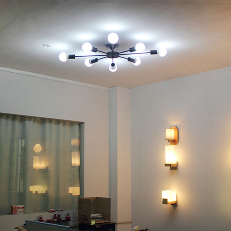 Lámpara de techo negra de 8 luces, estilo industrial retro, hierro Sputnik, montaje semiempotrado para sala de estar