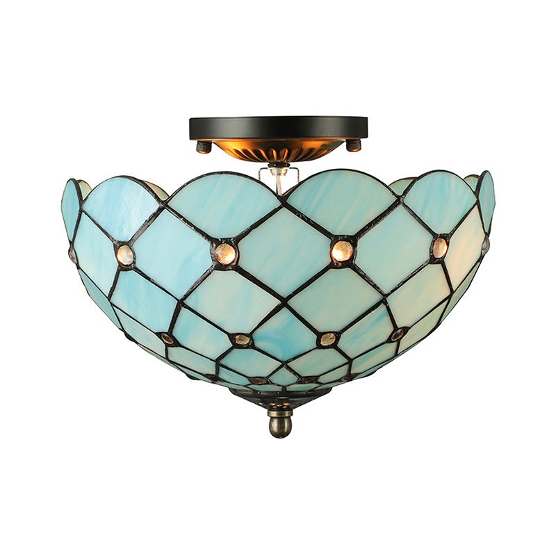Beige / Black Bowl-Shaped Ceiling Light Fixture Tiffany Stained Glass 1/2 Lights Flushmount Ceiling Light