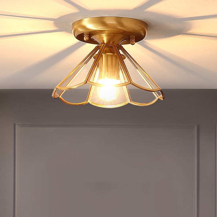 Vintage Shaded Ceiling Mount Light Fixture Glass Ceiling Light Fixture in Brass