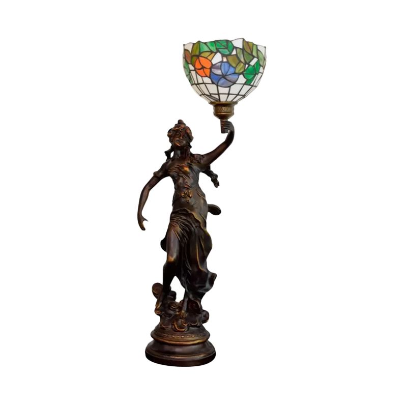 Harz Torchiere Tisch leichte Tiffany 1 Lampenbronze-Nachttisch-Lampe mit rot-gelb/blau/rotem Blütenglas Schatten