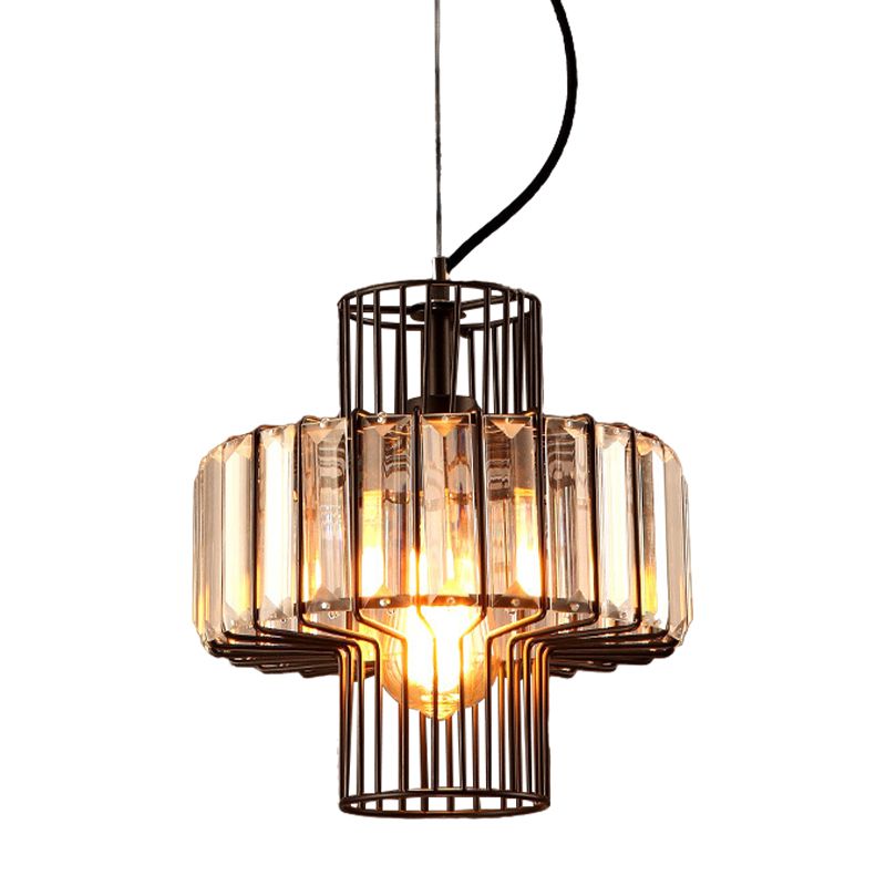 10"/12.5" Wide Minimalist Lantern Crystal Block Suspension Lighting 1 Head Ceiling Pendant in Black with Metal Cage