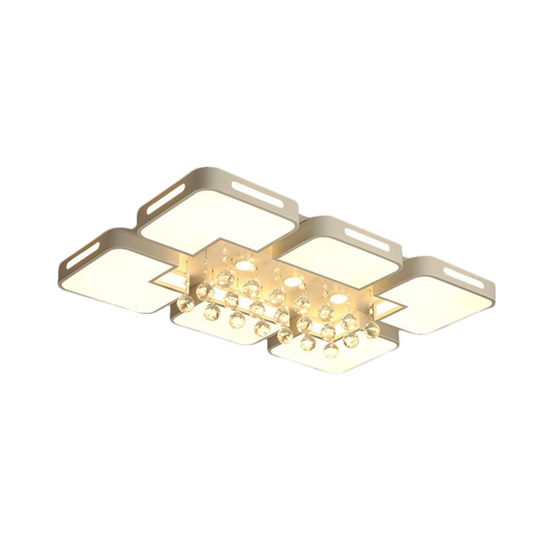 LED Living Room Flush Mount Lamp Modern Chrome Ceiling Flush with Rectangle Crystal Orbs Shade in White Light