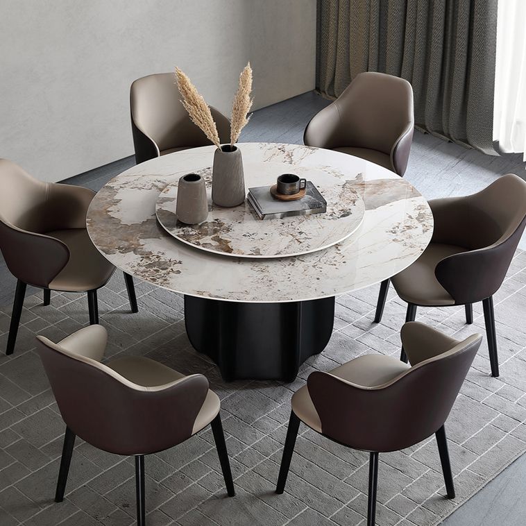 Round Dining Table Modern Stone Top Dining Table with Solid Wood Pedestal