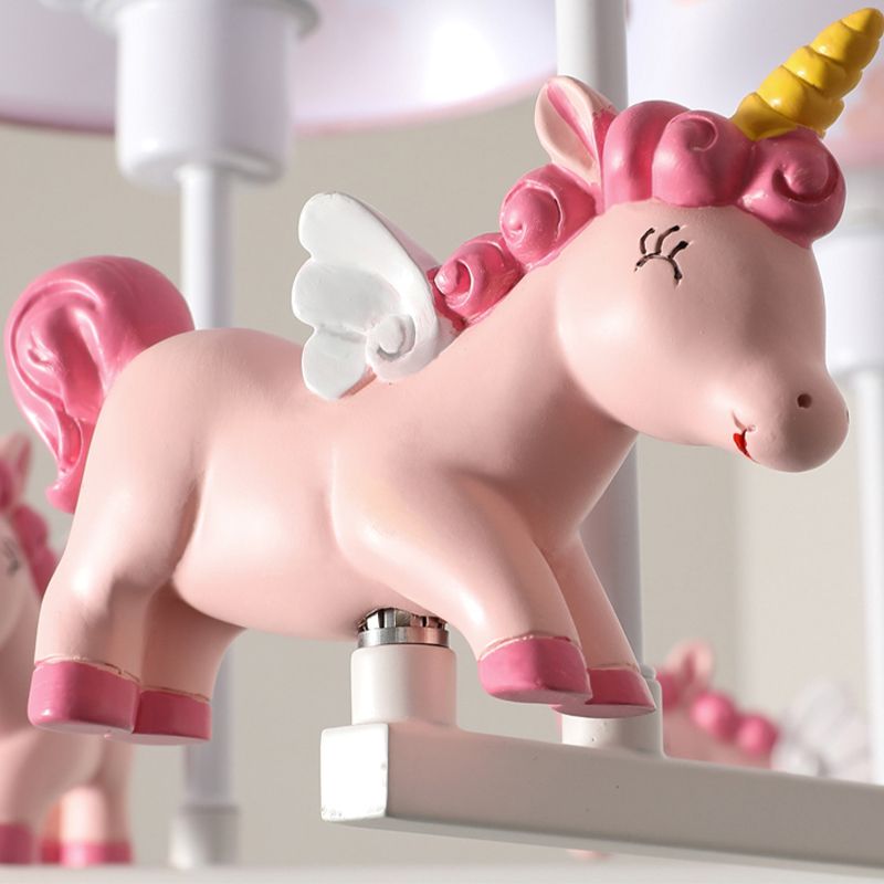 Unicorn Resin Suspension Lighting Cartoon Pink Chandelier Light Fixture with Empire Fabric Shade