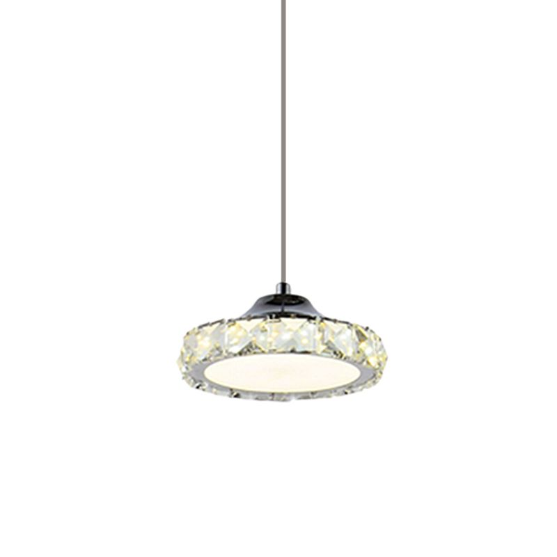 LED Faceted Crystal Ceiling Pendant Light Simplicity Chrome Circular Dining Room Suspension Lamp in Warm/White Light