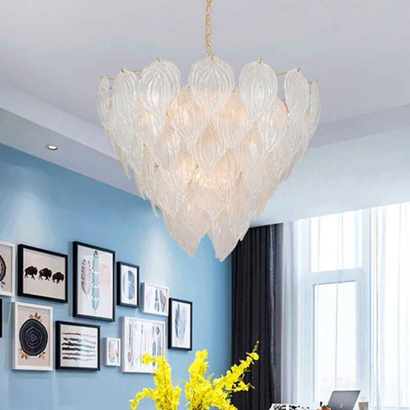 1 Light Living Room Chandelier Pendant with Leaf Glass Shade Gold Ceiling Light Fixture, 16"/23.5"/31.5" Wide