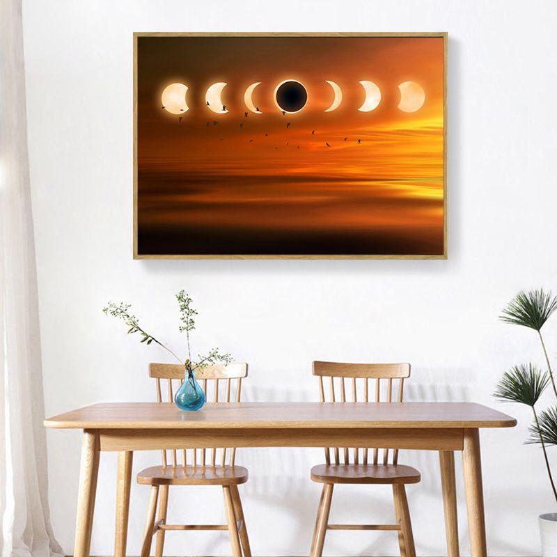 Kids Style Moon Eclipse Canvas Orange Child Bedroom Wall Art, Textured Surface
