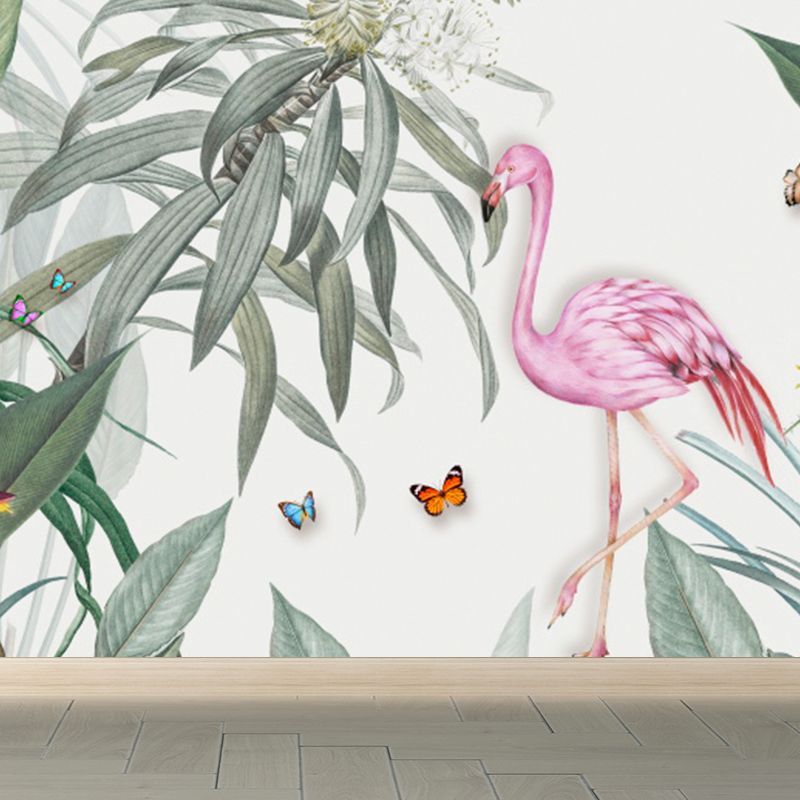 Standing Flamingo and Flower Mural Decal Tropical Non-Woven Wall Covering in Pink