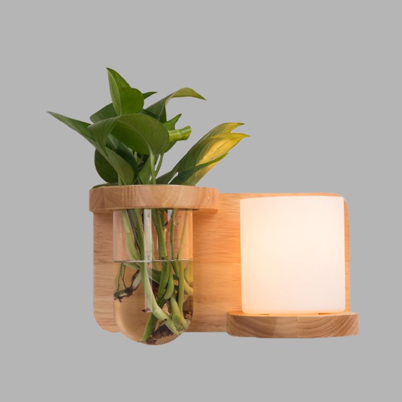 1 Head Barrel/Globe Wall Sconce Industrial Wood Opal Glass LED Wall Light Fixture for Living Room, Left/Right