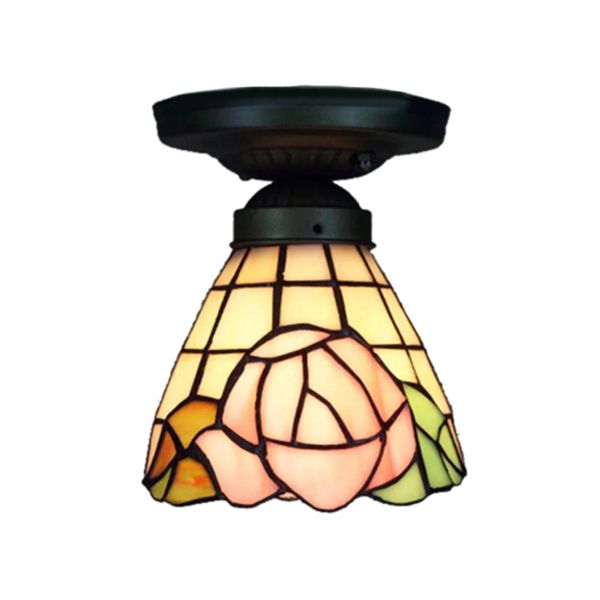 Plafonnier encastré en forme de rose, style lodge, vitrail, 1 lumière, éclairage encastré