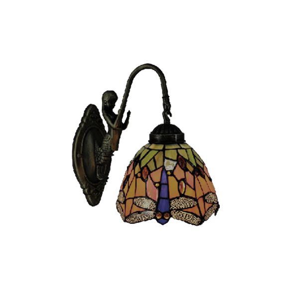 Orange Dome Sconce Light Baroque 1 Head Stained Glass Wall Light Fixture with Dragonfly Pattern