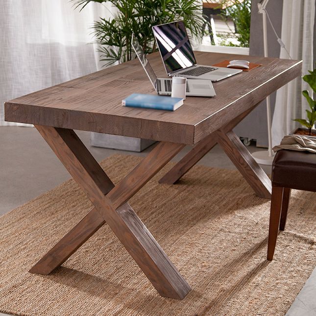 Table à manger rectangulaire industrielle en bois de pin avec double piédestal pour restaurant