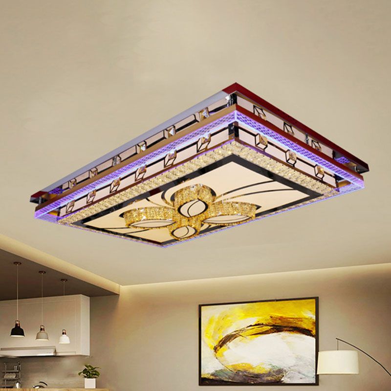 Chrome LED Flush Mount Simple Faceted Crystal Rectangle Ceiling Mounted Fixture with Flower Design