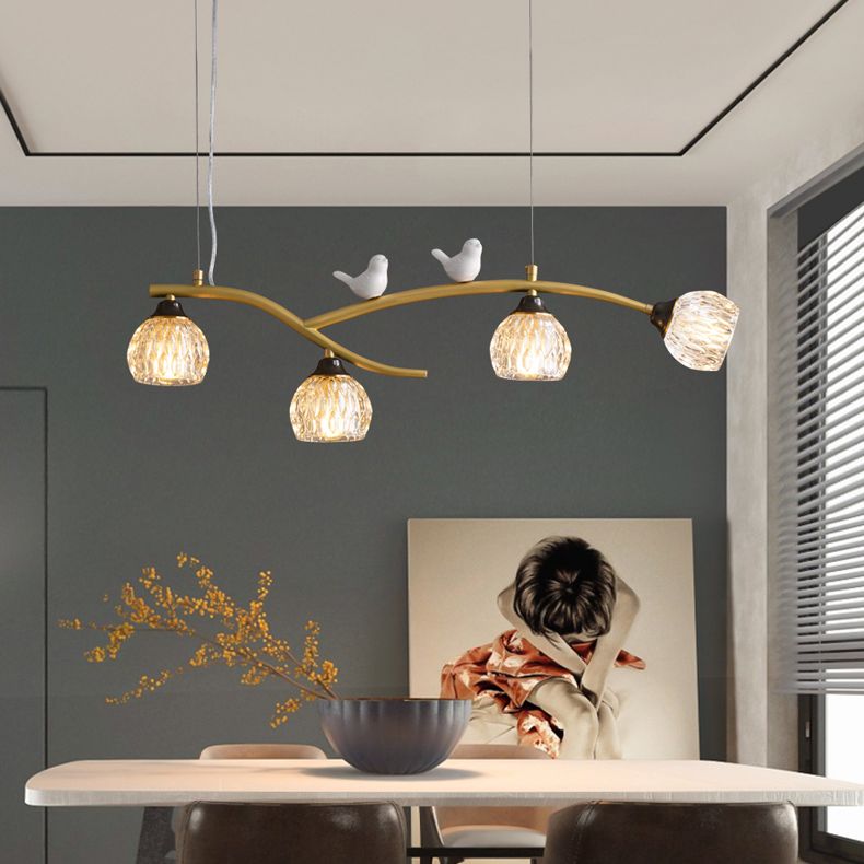 4 Lights Brass Branch Shaped Island Light Pineapple Texture Glass Shade Modern Style Dining Room Lighting Fixture with Ceramic Bird Decoration