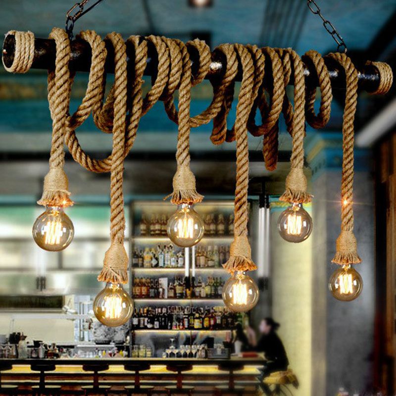 Natural Rope Light-Brown Island Lamp Bare-Bulb Design Industrial Suspension Light Fixture