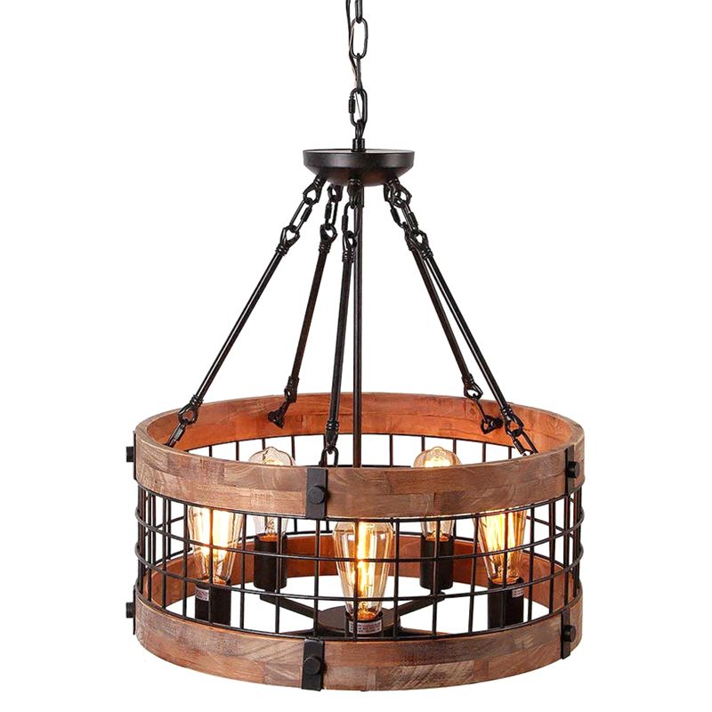 Brown Grid Cage Drum Chandelier Rustic Metal Dining Room Suspension Pendant Light