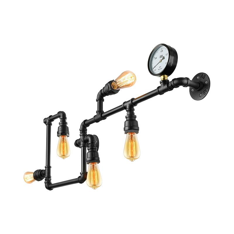 5 Bulbs Wall Lighting Vintage Style Twisted Pipe Metallic Wall Mounted Lamp with Pressure Gauge in Black