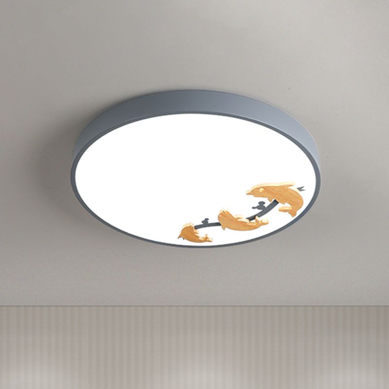 Rounded Acrylic Flush Mount Light Kids LED Grey Ceiling Mounted Fixture with Dolphin Pattern