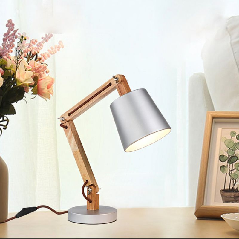 Lampada da scrivania moderna con paralume a secchiello in argento, lampada da lettura moderna in metallo a 1 luce con braccio oscillante in legno