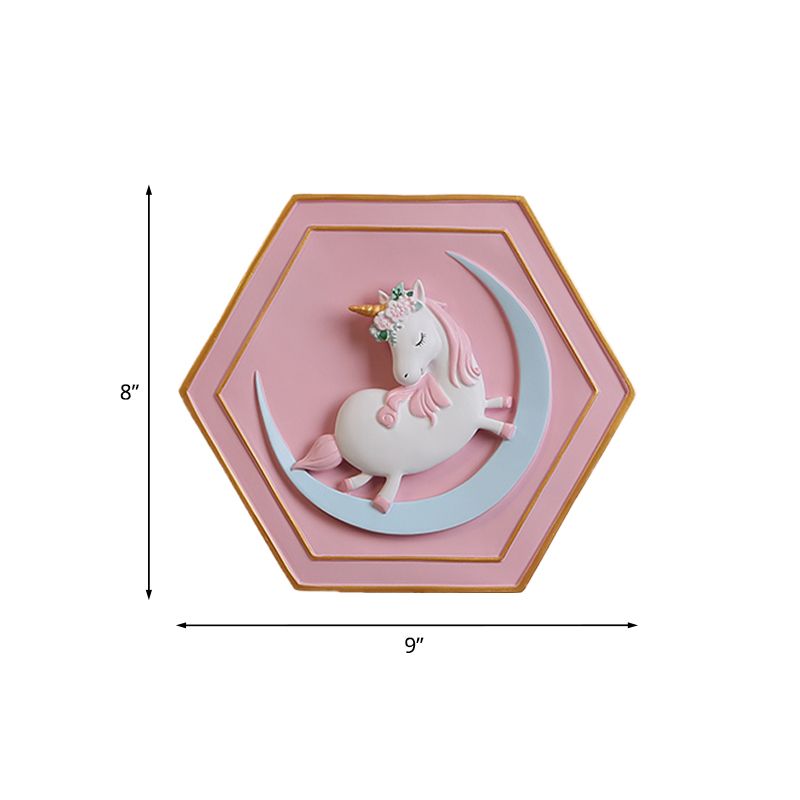 Pink Unicorn Sconce Lighting with Hexagon Design Cartoon LED Resin Pull-Chain Wall Lamp