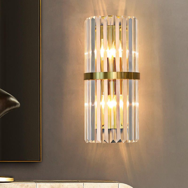 Modern Style Half Cylinder Wall Sconce Crystal 2 Light Sconces for Living Room