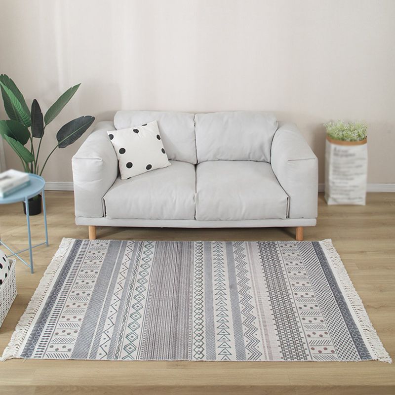 White Tone Moroccan Area Rug Cotton Tribal Print Rug Easy Care Indoor Rug for Living Room