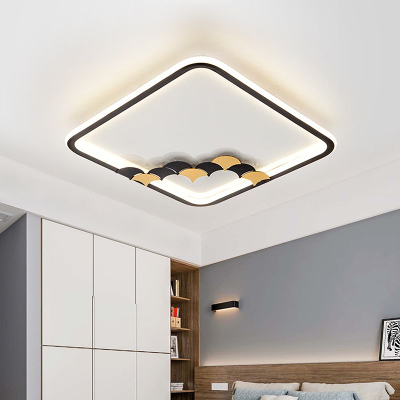 Simple Round/Square Ceiling Flush Acrylic LED Corridor Flush Mount Lamp with Leaf/Geometric Design in Black