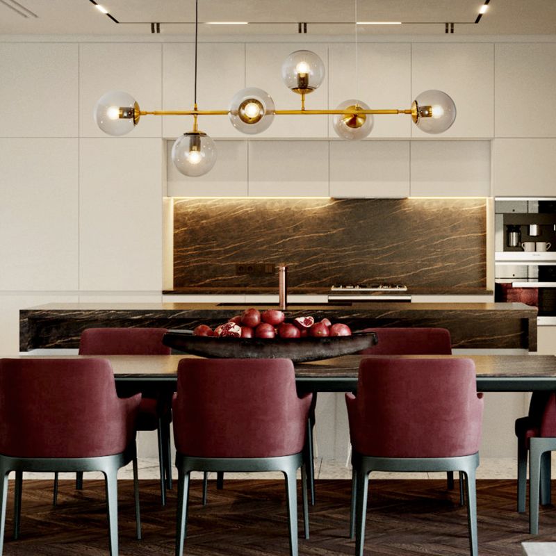 Salle à manger Island Light Nordic Style Gold Island Éclairage avec une teinte en verre sphérique