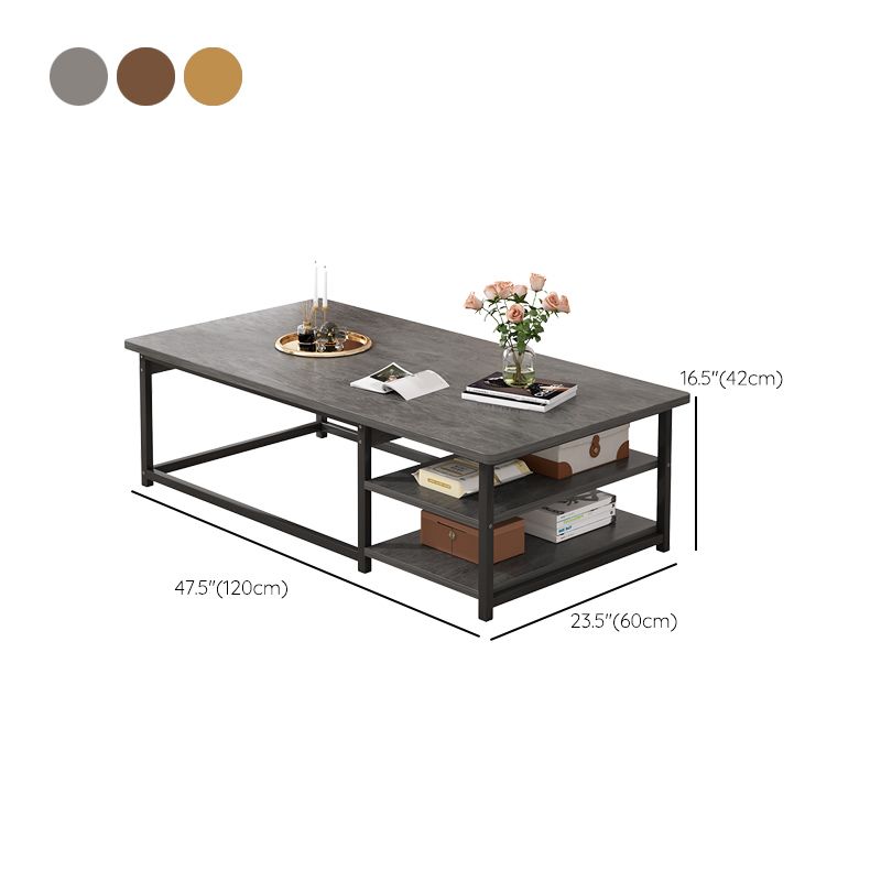 16.53" H Rectangle Wooden Coffee Table Metal Frame Cocktail Table with Shelves