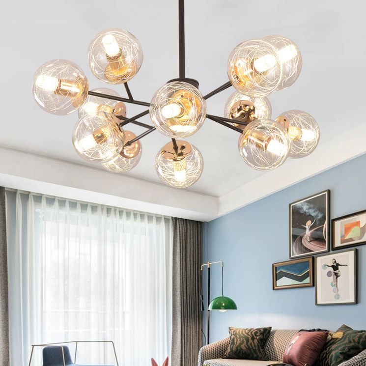 Clear Aluminum Wire Glass Ball Chandelier Light Modern Lighting Ceiling Pendant Light in Black