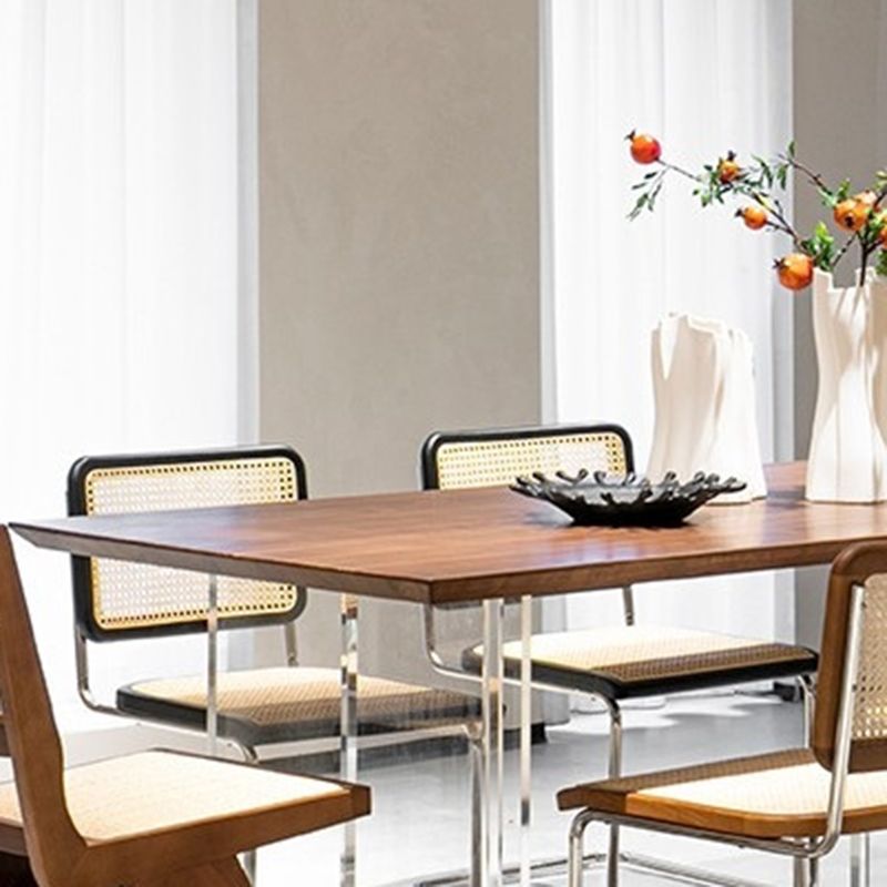 Modern Rectangular Brown Walnut Top Dining Table with Acrylic Clear Double Pedestal