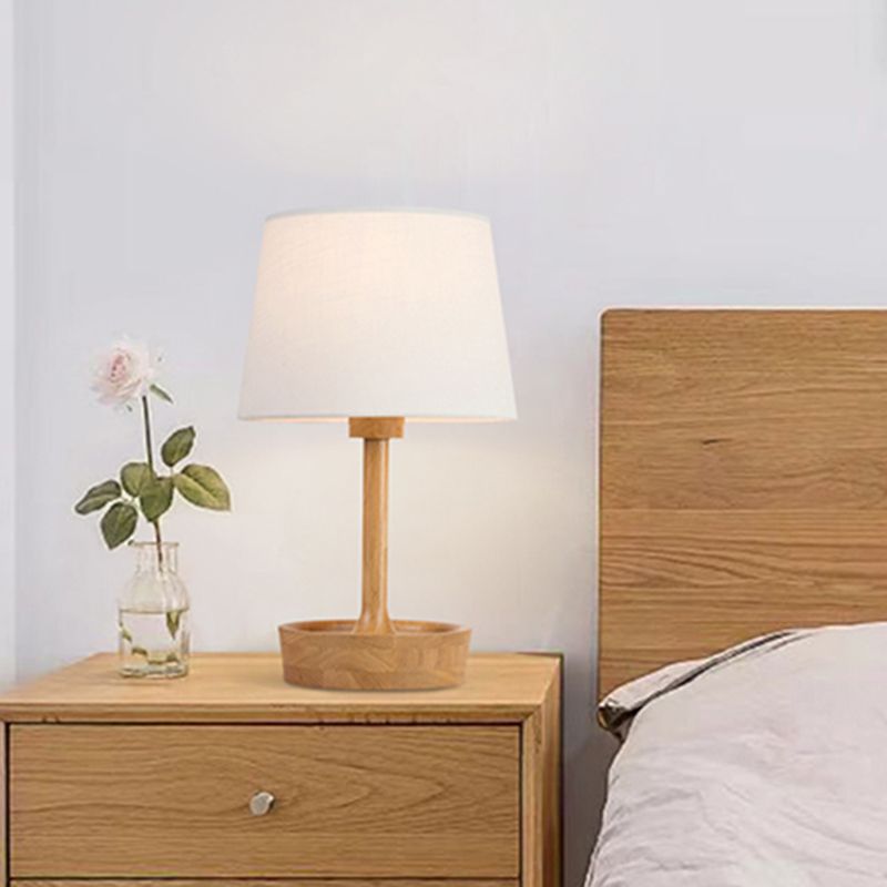 Cone Shade stoffen taaklamp modern 1 lamp vlas/wit leeslamp, ronde beige houten voet