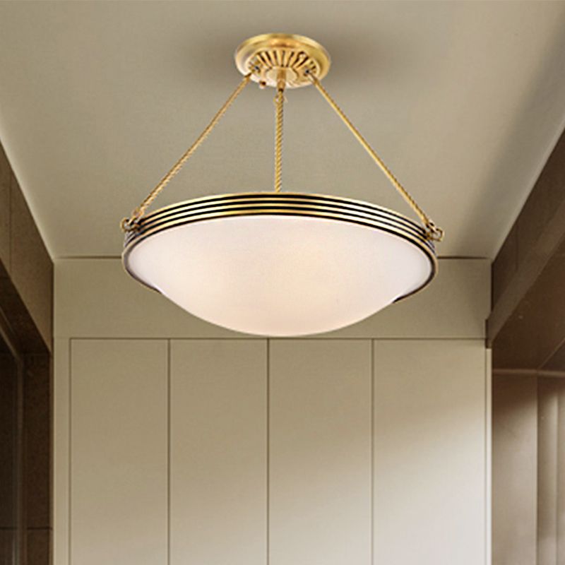 4-Light Opal Glass Hanging Chandelier Traditional Brass Bowl Living Room Pendant Light Fixture, 15"/19" Wide