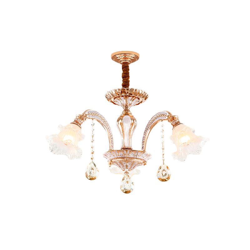 3/6 Heads Floral Ceiling Chandelier Traditional Gold Crystal Hanging Pendant Lamp for Bedroom