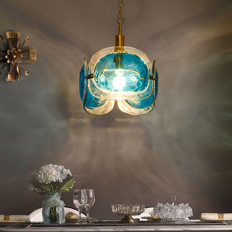 1 Bulb Restaurant Ceiling Lighting Modernist Brass Pendant Lamp Kit with 3-Panel Blue Water Glass Shade