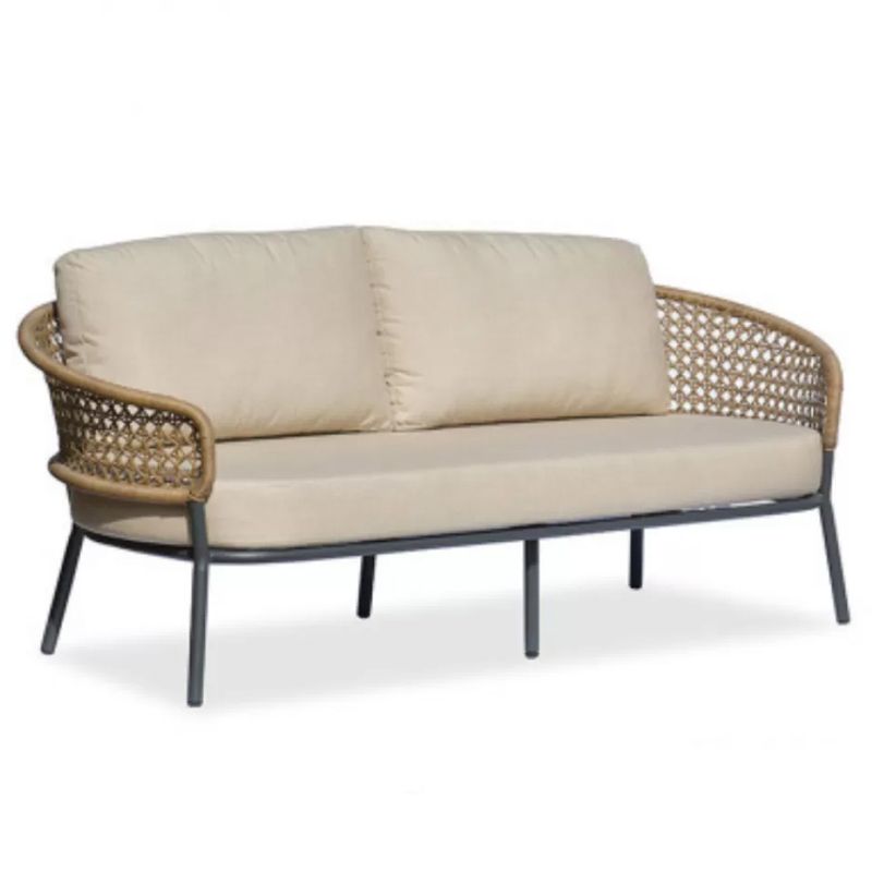 Tropical Outdoor Loveseat Wicker/Rattan Khaki Fabric Cushion Water Resistant