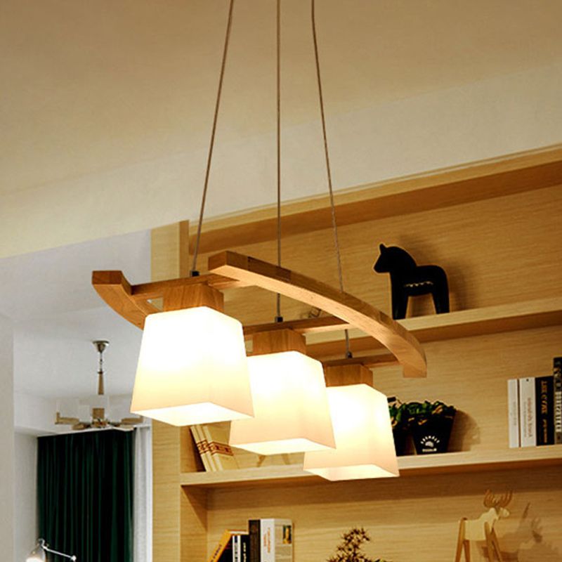 Square Shade Dining Room Island Lighting Glass and Wood Triple Light Nordic Hanging Lamp