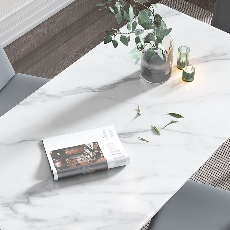 Sintered Stone White Tone Table Mid-Century Modern 4 Legs Table for Dining Room