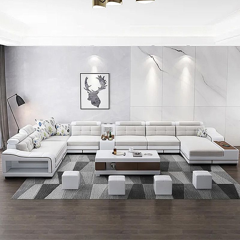 33.46"High Fabric Sloped Arms Sectional Sofa with 2 Cup Holders,White