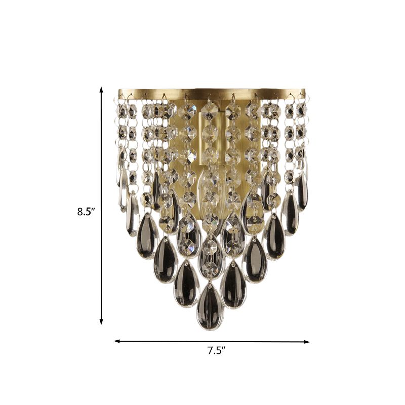 1-Bulb Crystal Raindrop Wall Lighting Idea Simple Brass Cone Living Room Sconce Light Fixture