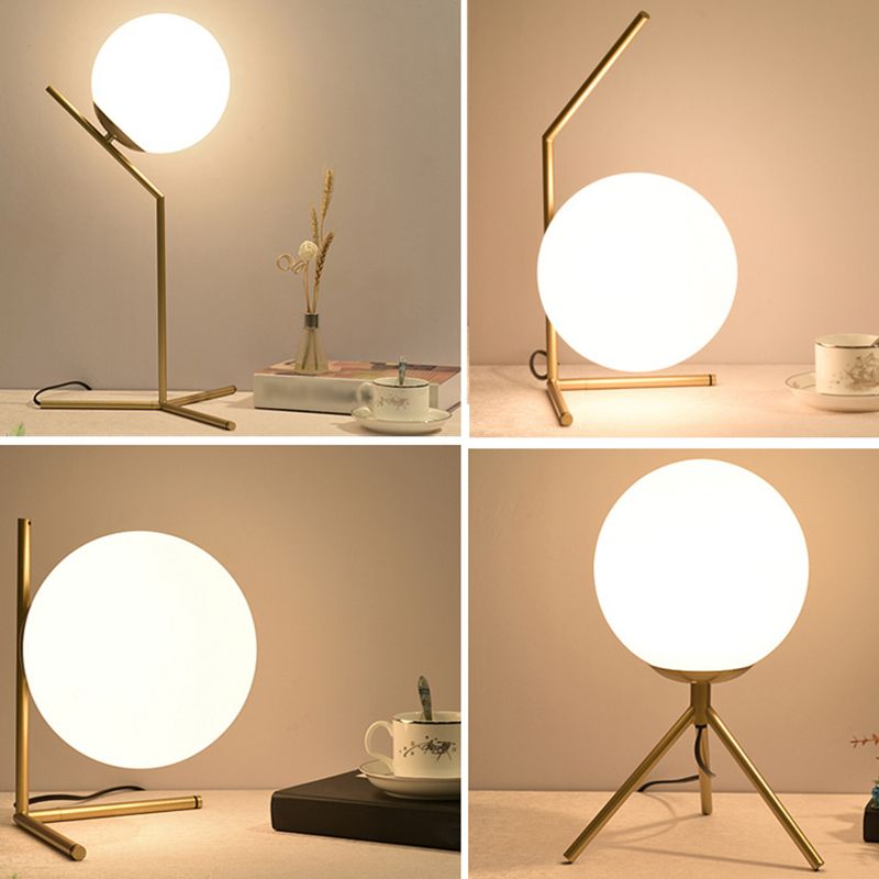 Opaline Glass Ball Night Lamp Nordic 1-Light Gold Table Light with Metal Rod Stand