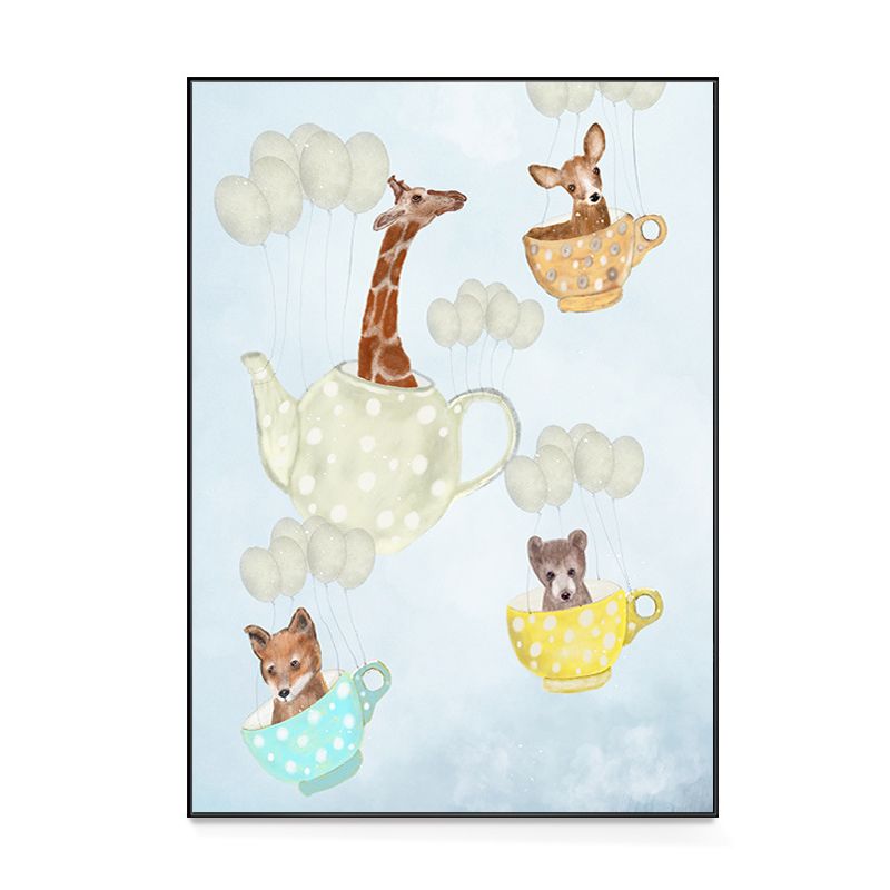 Pastel Cartoon Wall Art Animals in Their Sailing Boat Drawing Canvas Print for Kids Room