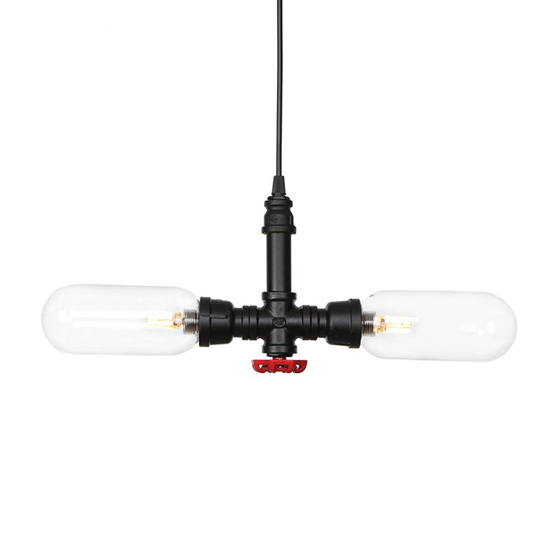 Capsule Amber/Clear Glass Pendant Chandelier Vintage 2 Heads Restaurant LED Hanging Ceiling Light in Black with Pipe Design