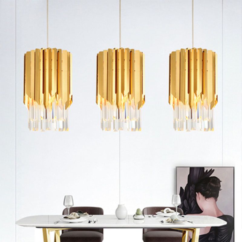 Cylindrical Ceiling Lamp Minimalist Crystal Prisms 1 Light Restaurant Suspension Pendant in Gold