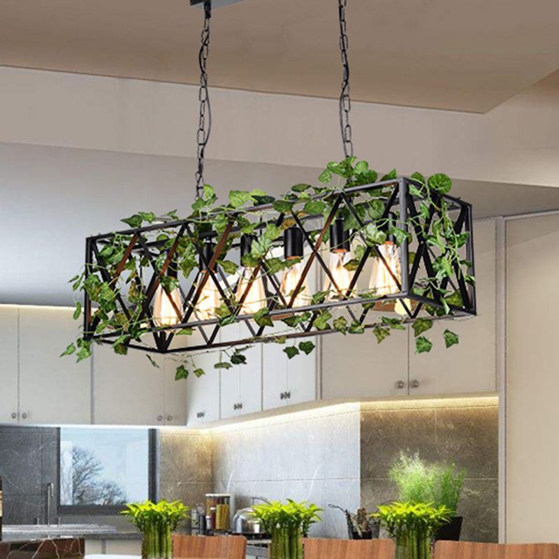 6 Heads Metal Island Pendant Antique Black Rectangular Restaurant LED Down Lighting with Plant Decor