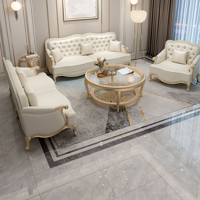 Beige Mid-Century Modern Sofa Tufted Genuine Leather Recessed Arm Sofa