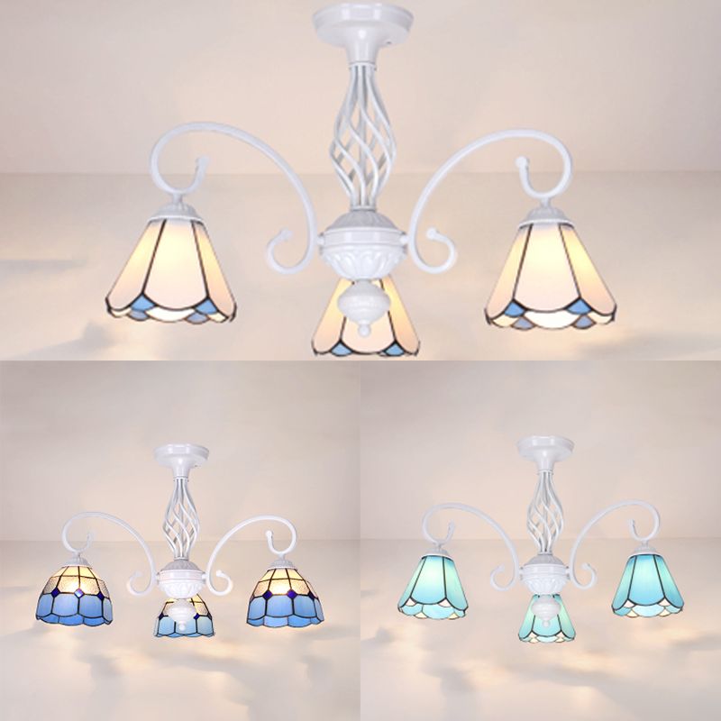 Lámpara semi empotrada para sala de estar con pantalla estilo Tiffany, lámpara semi empotrada de 3/5 luces en blanco/azul/azul cielo