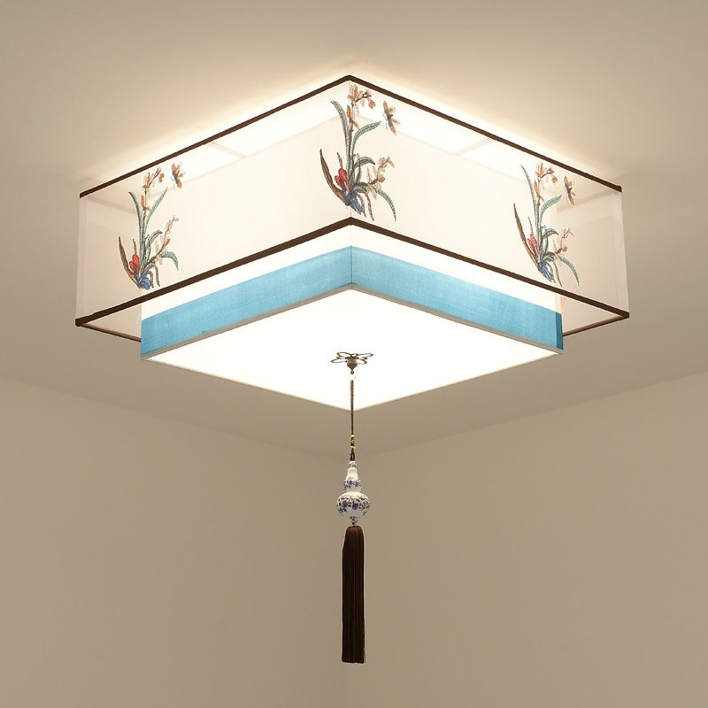 Geometric Wrought Iron Ceiling Light in Traditional Simplicity Fabrics Indoor Flush Mount with Ceramic Flower Decoration